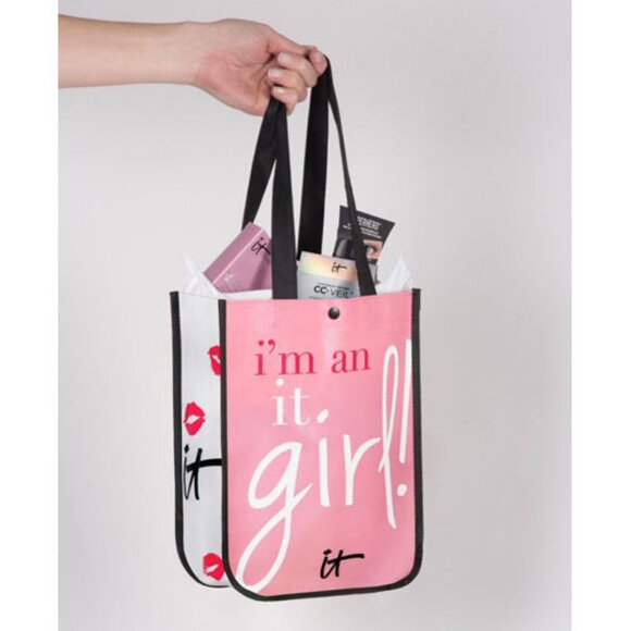 IT Cosmetics Reusable Shopping Bag Tote Sack IT Girl Pink Kisses Snap Close NWOT - Picture 2 of 7